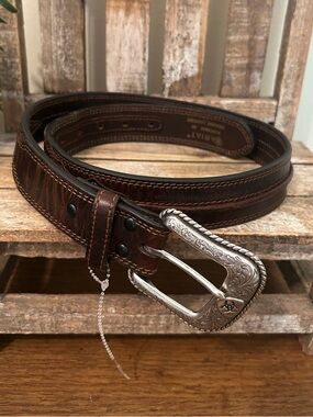 Ariat Western Raised Strip Genuine Leather Belt Mens Size 30 Brown Silver Buckle